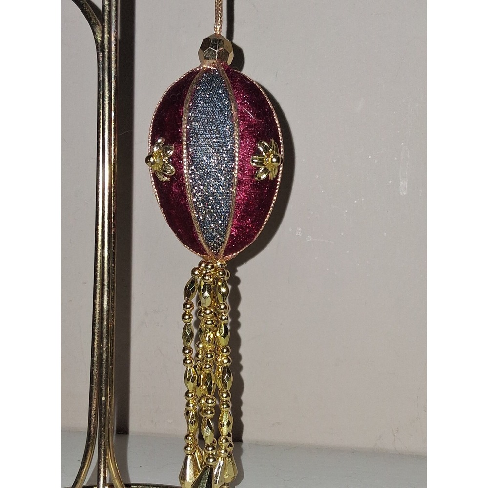 Vintage Handmade Beaded Tassel Christmas Ornament Burgundy Silver Gold 6"